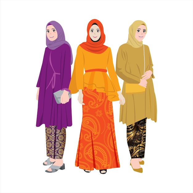 Vettore illustrazione vettoriale dell'abbigliamento musulmano kebaya e batik per le damigelle d'onore