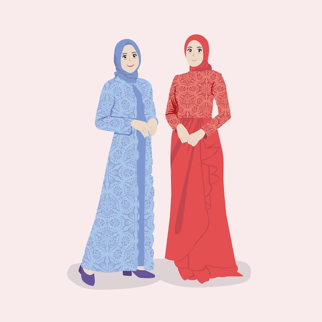 Vector vector illustration of muslim wear kebaya and batik for bridesmaids