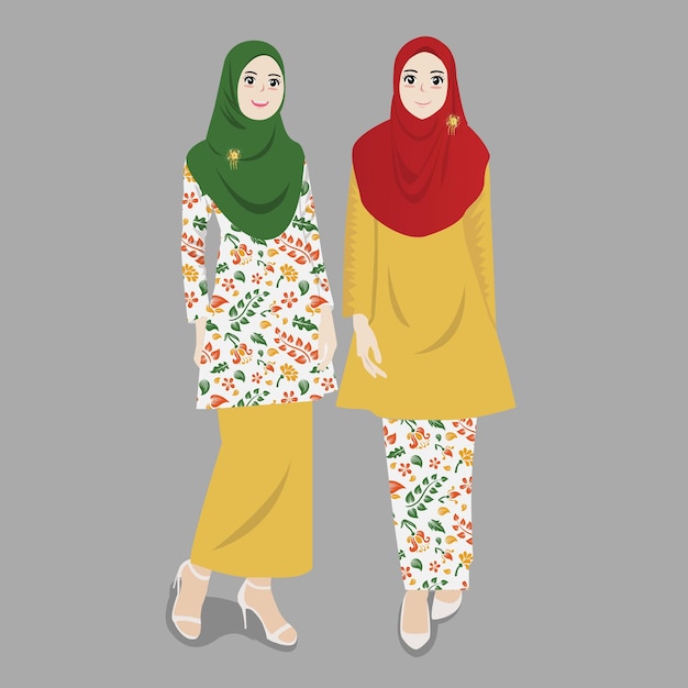 Векторная иллюстрация мусульманской одежды кебая и батик для подружек невесты