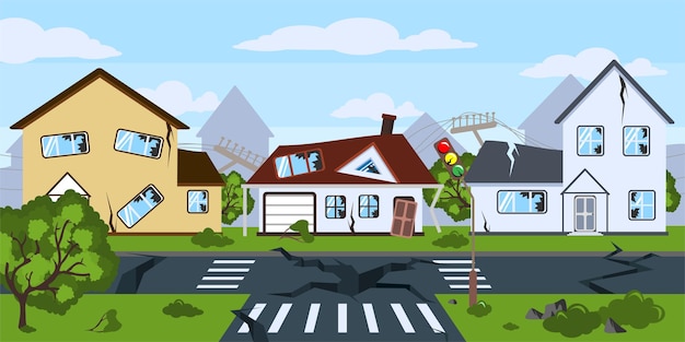 Vector illustration natural disaster Cartoon landscape with an earthquake which destroyed the whole city