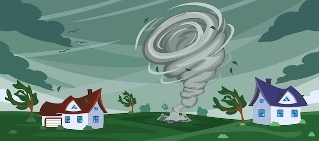 Vector vector illustration natural disaster cartoon landscape with a tornado that destroys the city and trees