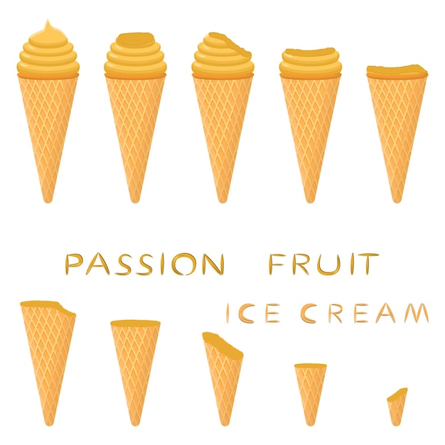 Vector illustration for natural passion fruit ice cream on waffle cone Ice Cream pattern consisting of sweet cold icecream tasty frozen dessert Fresh fruit icecreams of passionfruit in wafer cone