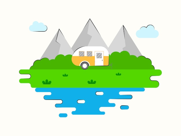 Vector illustration of natural view with mountain vehicle against abstract background