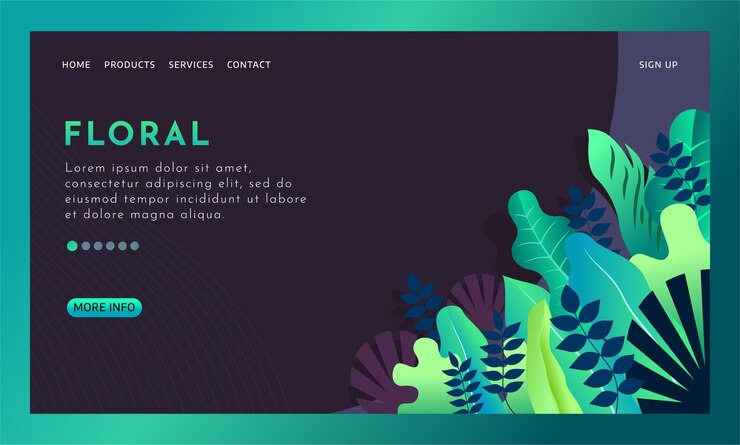 Vector vector illustration of nature landing page template full of dark background flowers and abstract lea