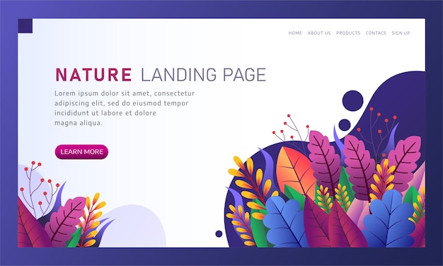 Vector illustration of nature landing page template full of flowers and leaves