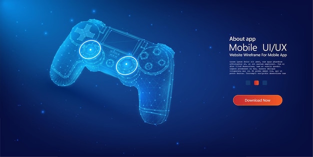 vector illustration of a neon blue game controller wireframe against a cosmic backdrop encapsulating modern gaming polygonal illustration of a game controller on a dark blue background