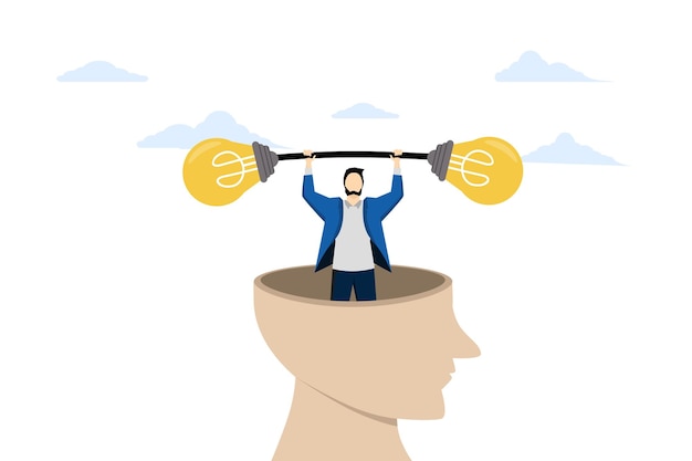 Vector vector illustration of a new creative idea or innovation businessman holding up two light bulbs