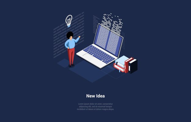Vector Illustration On New Idea Concept Isometric 3D Composition In Cartoon Style Character Standing Near Laptop With Text On Screen Lamp Bulb Near Infographic Elements Around Books Creativity