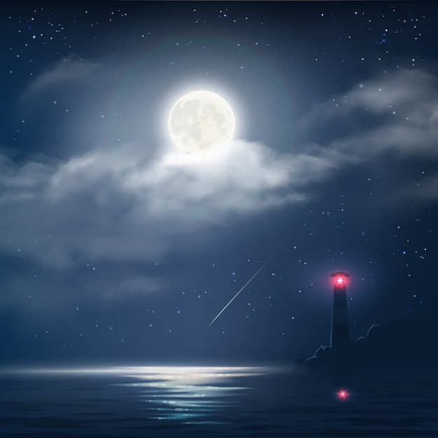 Vector vector illustration of night cloudy sky with stars, moon and sea with lighthouse