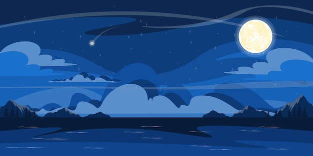 Vector illustration night on the river in cartoon style Night landscape of the starry sky in blue tones The full moon illuminates the area and a shooting star against the backdrop of the river