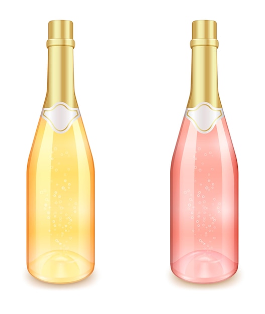 Vettore illustrazione vettoriale di bottiglie di champagne in vetro senza etichetta con colore oro e rosa