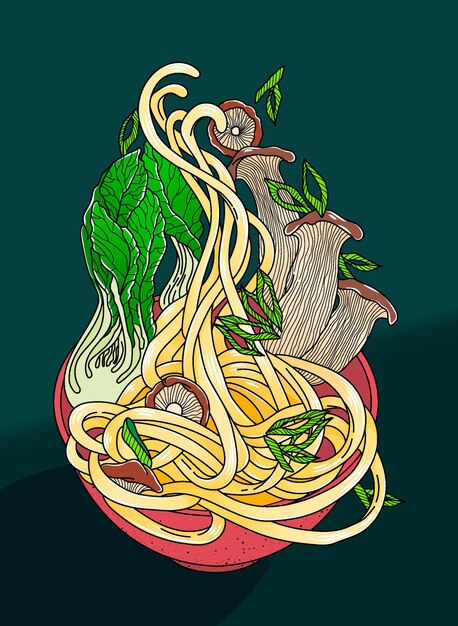 Vettore illustrazione vettoriale di tagliatelle con funghi, bok choy e cipolle verdi in un piatto rosso.