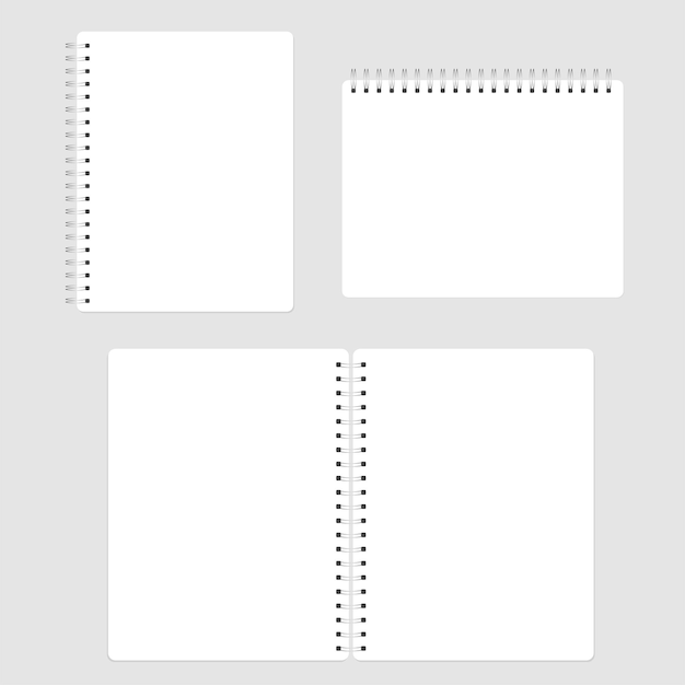 Vector illustration of a notebook of different types with one two vertical pages and one horizontal page in white isolated on white background realistic image eps 10