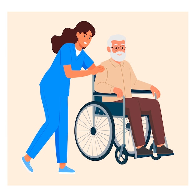 vector illustration of a nurse caring for an elderly man in a wheelchair