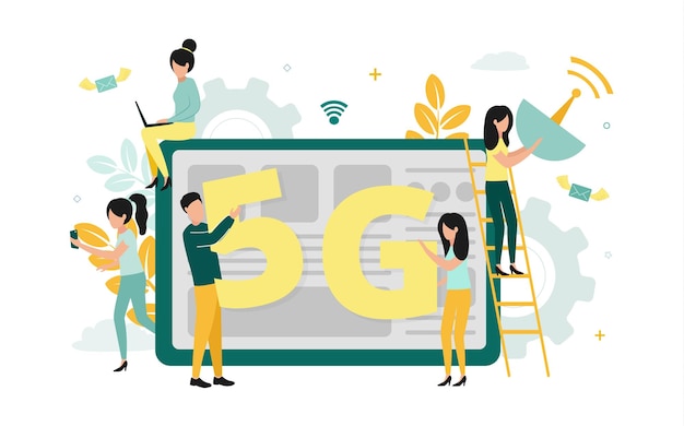 ベクトル 5g インターネットのベクトル イラスト タブレットの近くの人々 は、ネットワーク アイコン封筒ギア植物雲の背景に番号 5 文字 g スマートフォン ラップトップ アンテナを保持します