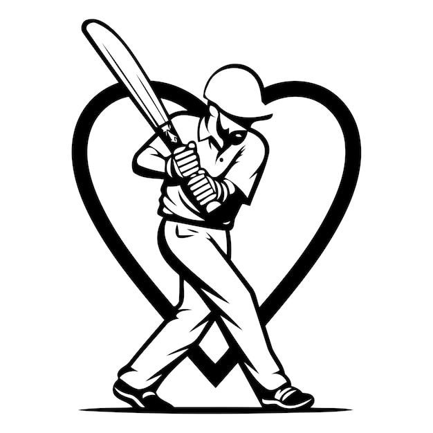 Вектор Векторная иллюстрация бейсболиста с битой и мячом в форме сердца