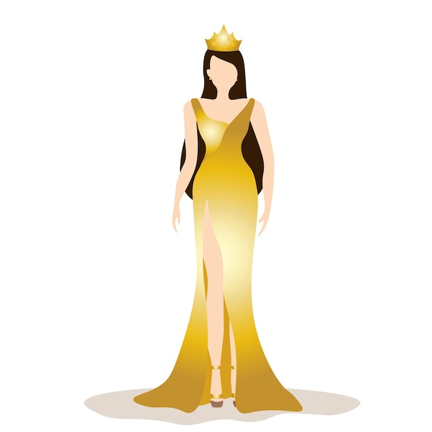 Векторная иллюстрация королевы красоты в элегантном золотом вечернем платье