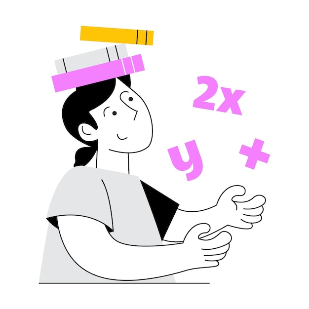 Vector illustration of a boy juggling math concepts and learning tools