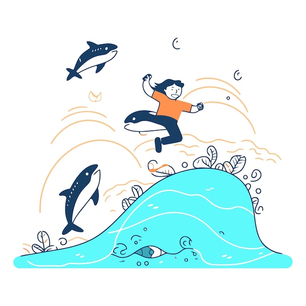 Вектор Векторная иллюстрация мальчика, прыгающего на морских волнах с дельфинами