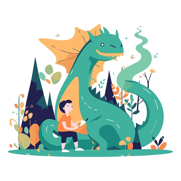 Вектор Векторная иллюстрация мальчика с книгой и драконом в парке