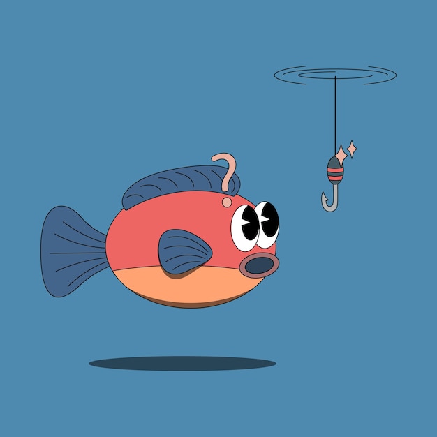 Векторная иллюстрация мультяшной рыбы, смотрящей на рыболовный крючок