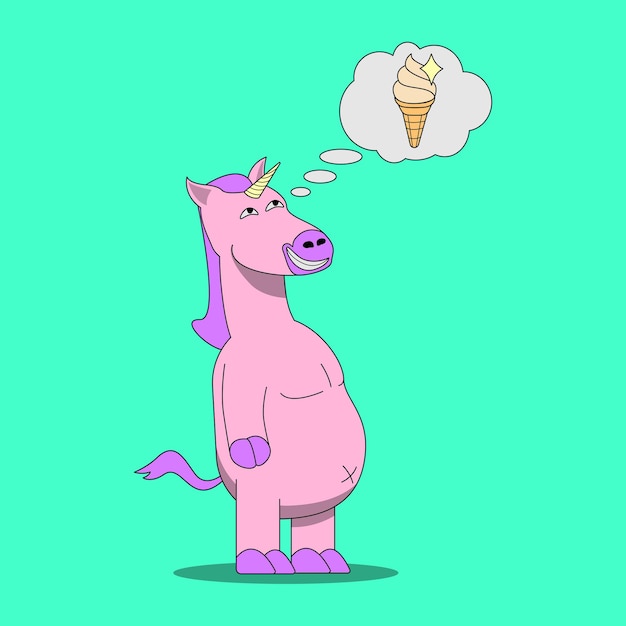 Векторная иллюстрация мультяшной лошади, воображающей, что она ест мороженое