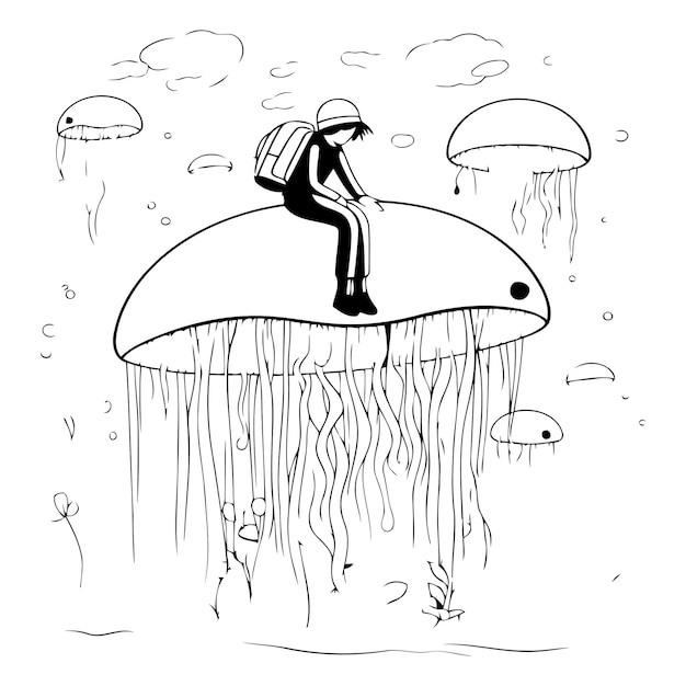 Векторная иллюстрация мультфильма с рюкзаком, сидящего на грибе