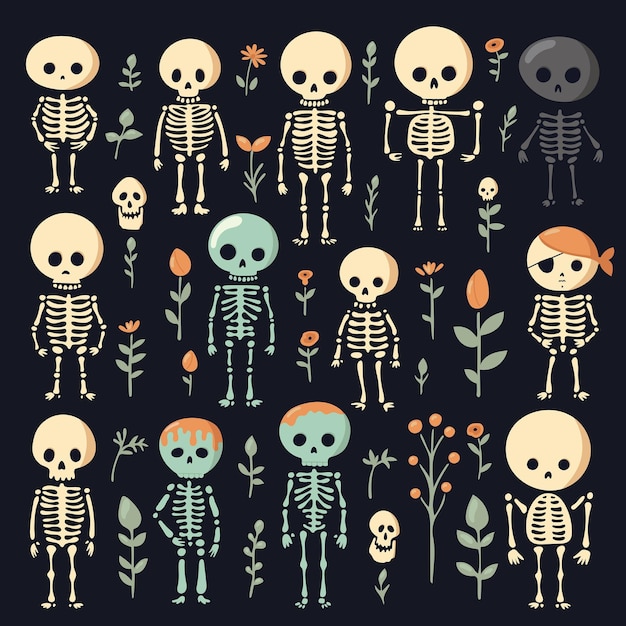 Вектор Векторная иллюстрация милых мультяшных скелетов. хэллоуинские скелеты. день мертвых.