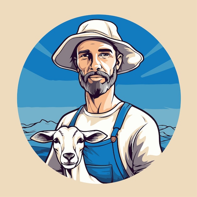 ベクトル 山の背景にヤギを描いた農家のベクトルイラスト