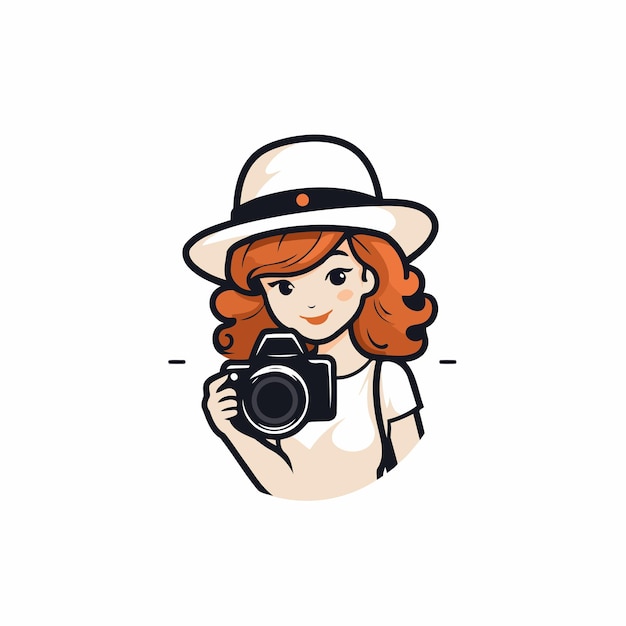 ベクトル 帽子をかぶってカメラを持った女の子のベクトルイラスト