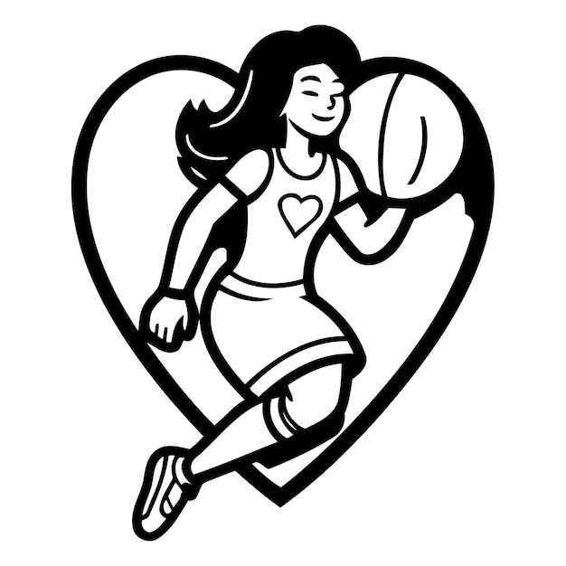 벡터 밝은 배경에 심장 모양의 공을 가진 스포츠 의류를 입은 소녀의 터 일러스트레이션