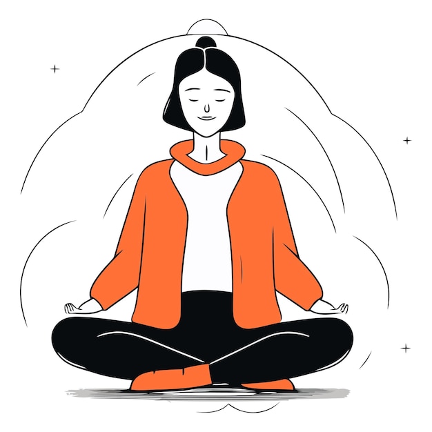 ベクトル 白い背景の蓮の姿勢で瞑想している女の子のベクトルイラスト