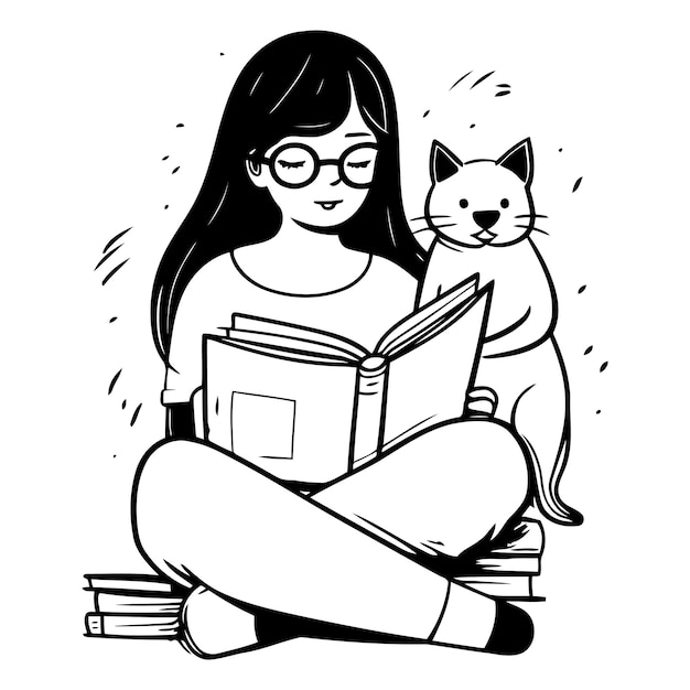 Вектор Векторная иллюстрация девушки, читающей книгу, и кошки, сидящей рядом с ней