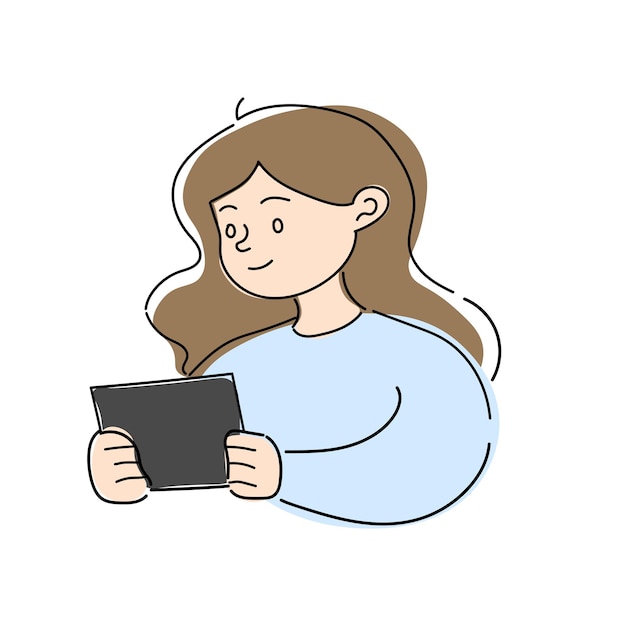 파란색 스웨터에 무성한 갈색 머리를 가진 소녀의 벡터 그림은 태블릿에서 게임을 하고 태블릿에 사진 그리기 플랫 스타일 사람 개념