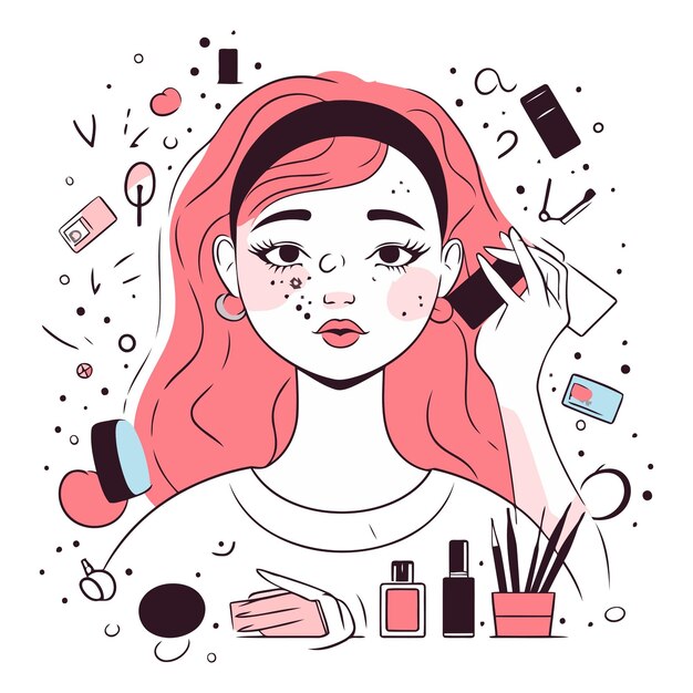 ベクトル 顔に化品を塗っている赤の女の子のベクトルイラスト