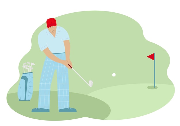 Векторная иллюстрация мужчины гольфиста при ударе по мячу