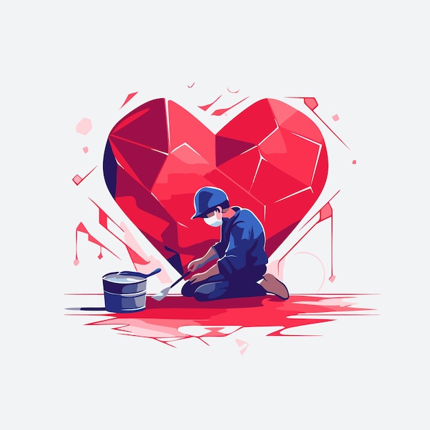 医療マスクを着た男性が赤い心臓を描いたベクトルイラスト