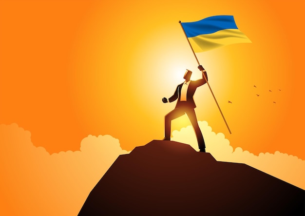 우크라이나의 국기를 들고 산에 낙관적으로 서 있는 남자의 벡터 그림