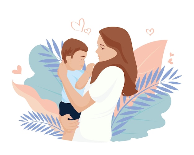 Векторная иллюстрация матери, держащей сына на руках поздравительная открытка с днем матери