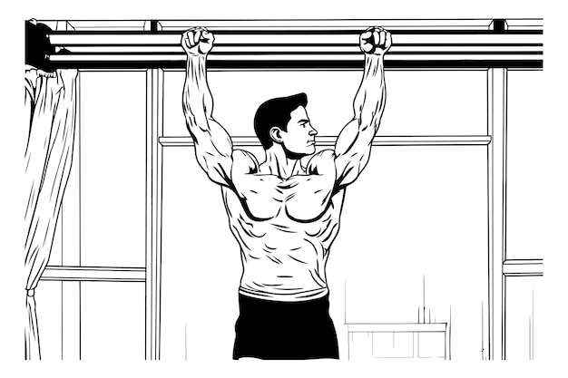 벡터 체육관 에서 풀업 을 하는 근육적 인 남자 의 터 일러스트레이션