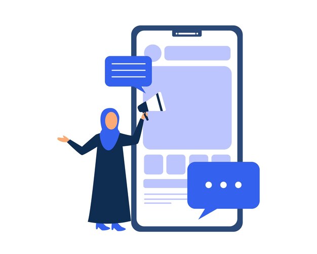 Вектор Векторная иллюстрация мусульманки в хиджабе, разговаривающей по телефону