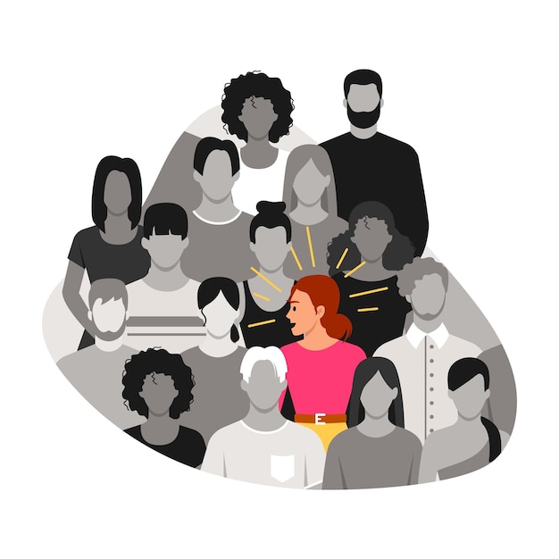 Вектор Векторная иллюстрация человека, выделяющегося из толпы. карикатурная сцена с девушкой, выделяющейся из серой толпы мужчин и женщин, изолированных на белом фоне.