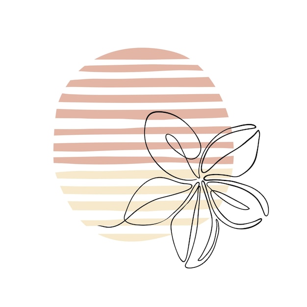 Векторная иллюстрация цветка плюмерии на фоне заката или рассвета линейного искусства в стиле бохо с пятнами теплых оттенков