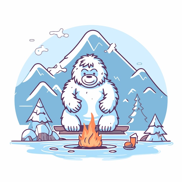 Вектор Векторная иллюстрация белого медведя с огнем на фоне гор