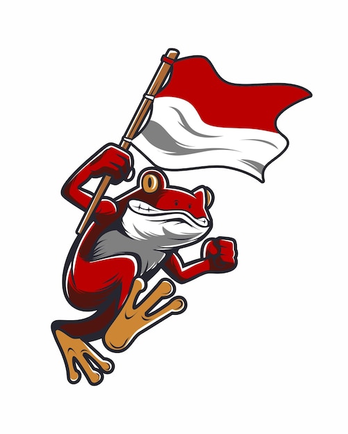 벡터 빨간색과 흰색 인도네시아 국기를 들고 달리는 개구리의 벡터 그림