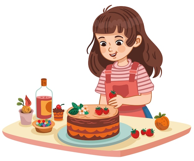 Векторная иллюстрация девочки-подростка, готовящей торт