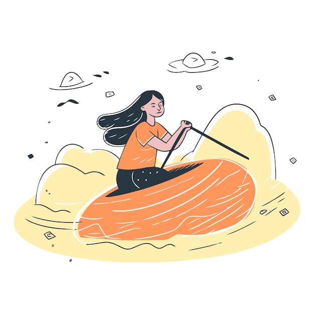 Вектор Векторная иллюстрация женщины, гребающей на каяке в море