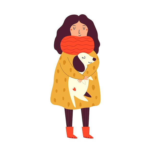 ベクトル 大きな暖かいジャケットとスカーフを着た若い女の子が面白い犬の子犬を抱えているベクトルイラスト