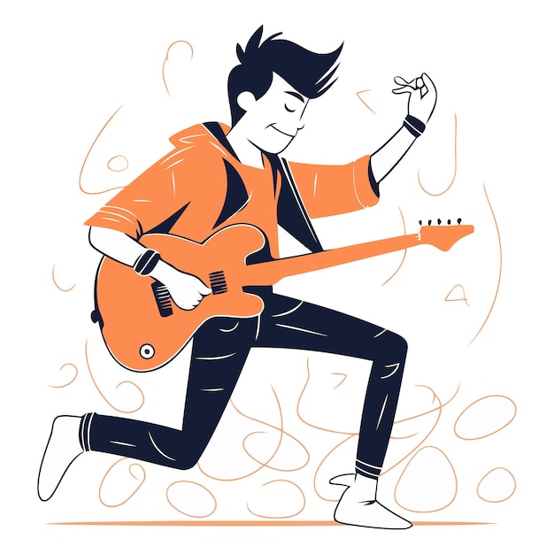Вектор Векторная иллюстрация молодого человека, играющего на электрической гитаре на белом фоне
