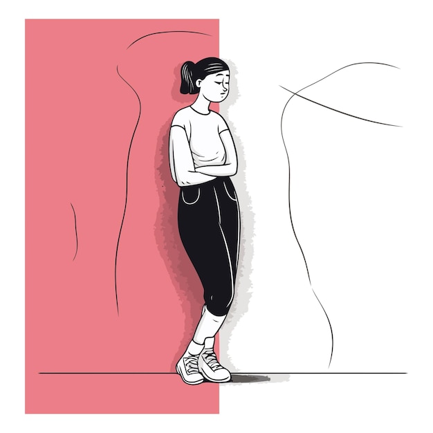 Вектор Векторная иллюстрация молодой женщины в спортивной одежде, стоящей возле стены